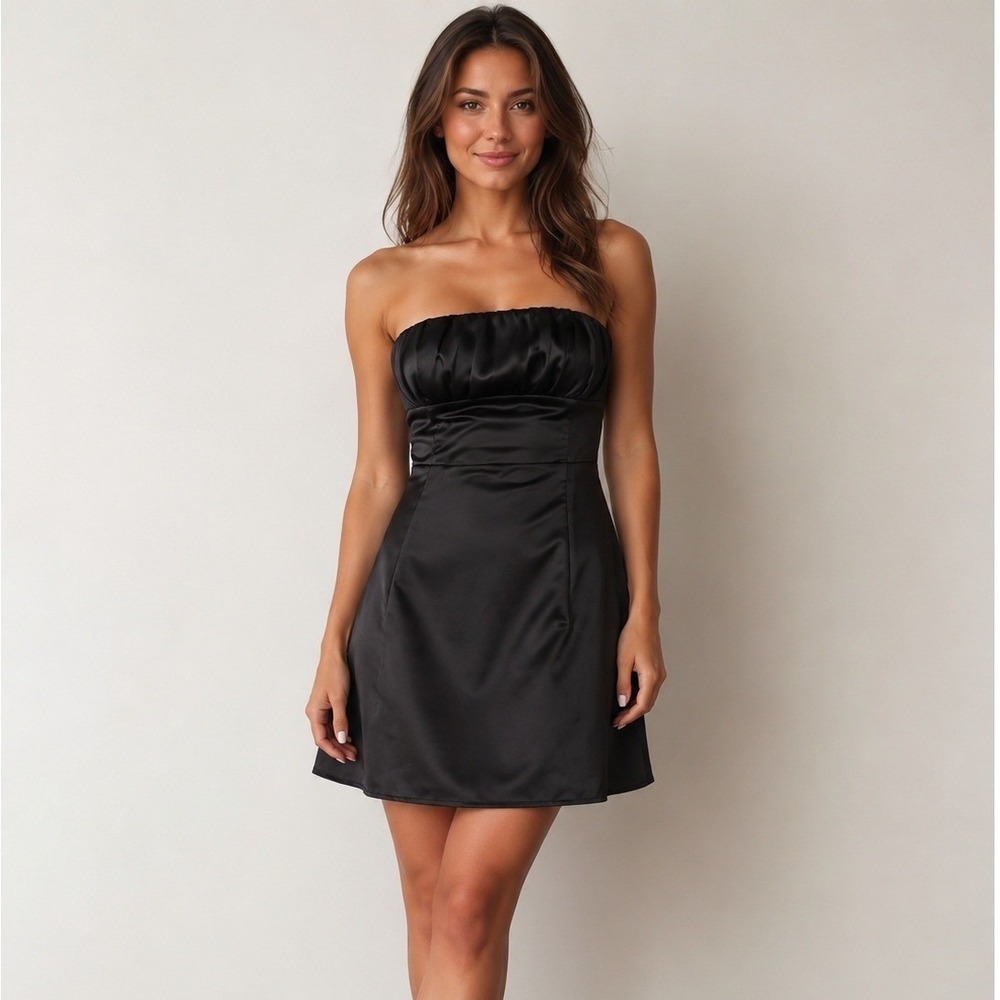 Princess Polly Mini Dress Womens Size 2 Black Satin Strapless Tube A-Line
